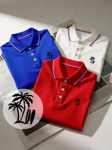 3PCS Men's Casual Short Sleeve Polo Shirts, Palm Tree Embroidered Golf Tops with Tipped Collar, Breathable Summer Business Casual Wear