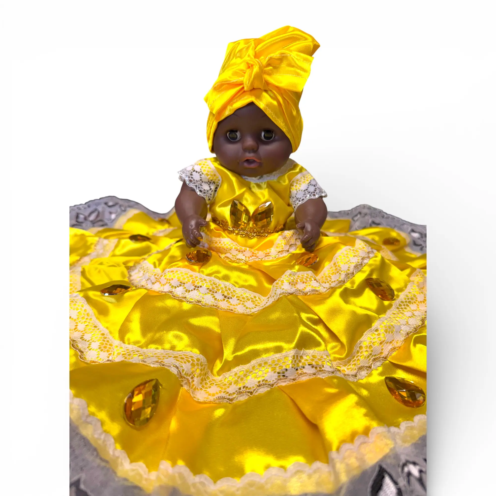 Ochun Santeria Baby Doll - Yellow Oshun Orisha Spiritual Doll with Embroidered Dress and Headwrap, Religious Decor for Santeria Practices, Spiritual Figures for Home Altar
