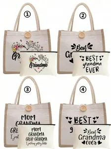 "best Grandma Ever" Print Linen Tote Bag Set, Large-Capacity Shoulder Bag, Grandma Gifts, Casual Storage, Multi-Functional Shopping Bag, Casual Handbags