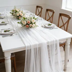 Transparent Elegant Tulle Table Runner, 9.5 Feet Long Desktop Decoration, Polyester Fiber Bride Table Decor, Multi-Functional Chair Sash