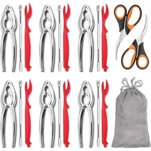 Seafood Tools Set includes 6 Crab Crackers, 6 Lobster Shellers, 6 Crab Leg Forks/Picks and 2 Seafood Scissors & Storage Bag - Nut Cracker Set
