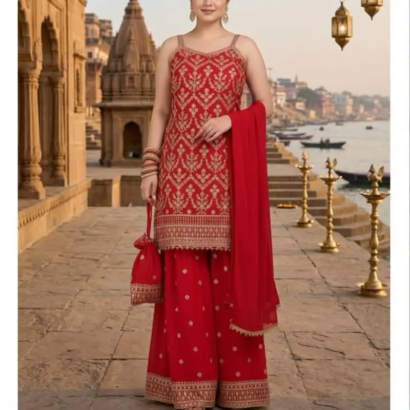 Sleevless Party Wear set  Perfect for Any Occasions Sleeveless Black with Gold Embroidery and Matching Dupatta size chart bust M(38),L(40),xl(42),xxl(44)