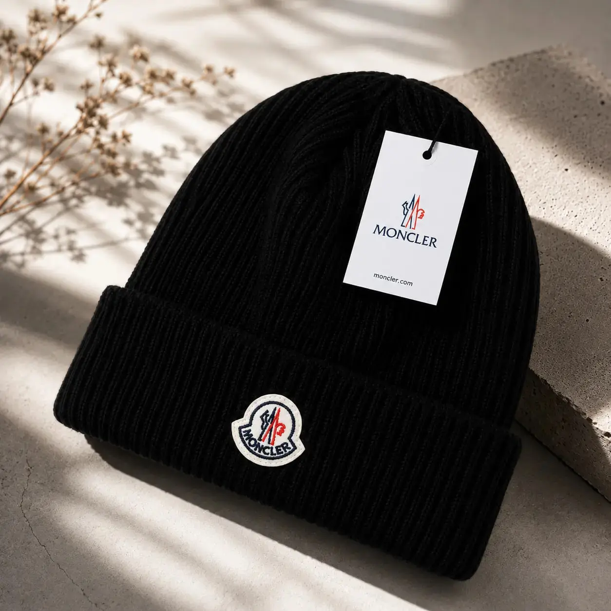 Moncler Knit Beanie Hat Gray Unisex Winter Cuffed Ribbed Wool Beanie Warm Ski Cap Luxury Designer Knit Hat Soft Stretch Skull Cap Cold Weather Outdoor Streetwear Fashion Men Women Gift