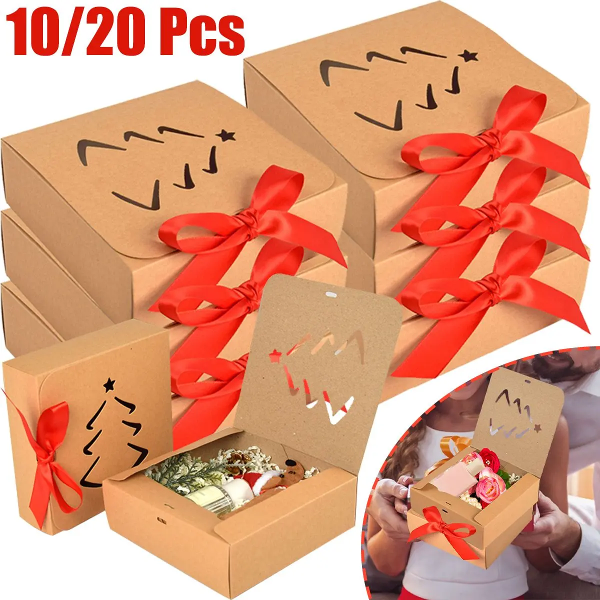 10 Pcs Christmas Gift Boxes with Lids and Red Ribbon Hollow Christmas Tree Beautiful Assorted Boxes Xmas Holiday Gift Wrap Boxes for Xmas Birthday Wedding Holiday Parties