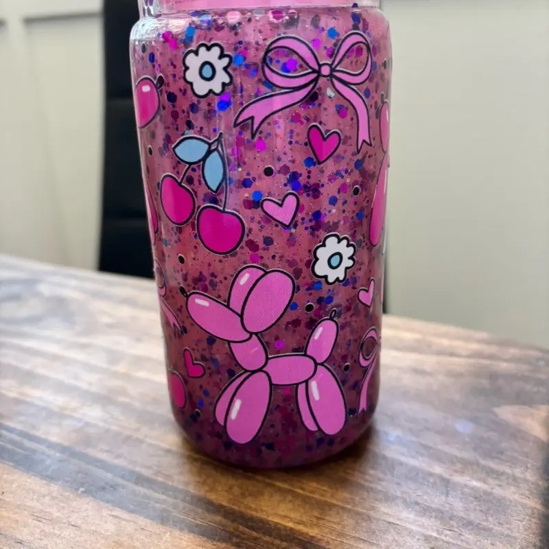 Pink Balloon Dog Snow Globe Tumbler | Coquette Glitter Cup | 16oz Iced Coffee Cup | Cherry & Bow Tumbler | Cute Gift for Her