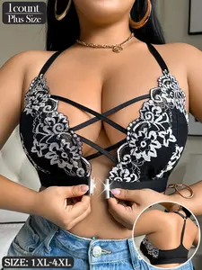 Plus Size Women's Lace Wireless Bra with Front Closure & Criss Cross Design, Sexy Comfortable Lingerie for Daily Wear
