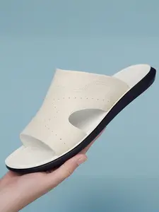 Men's Casual Solid Color PU Leather Slides, Soft Comfortable Non-slip Lightweight Beach Slippers, Breathable Comfortable Sports Slides for Indoor Outdoor Wear, Walking Shoes, Footwear
