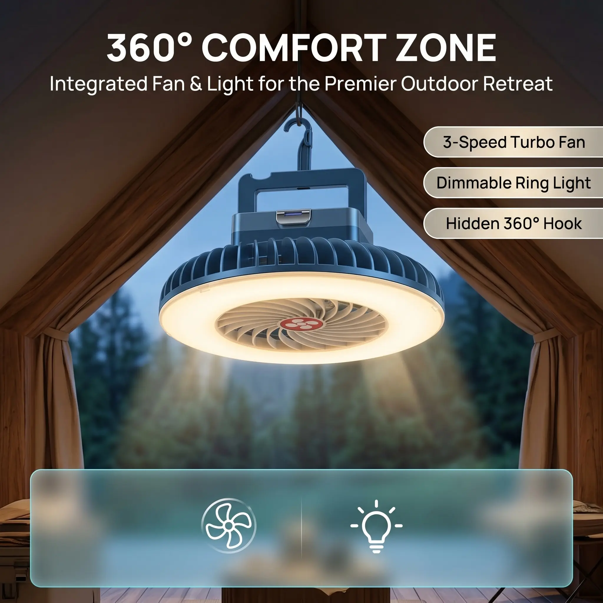 1/2PC Hanging Camping Ceiling Fan, 2-in-1 Fan with LED Light, USB Rechargeable Summer Cooling Fan,4000mAh Magnetic Tent Fan，Ideal for Rental Houses, Dormitories, Tents, Fishing, RVs and Terraces