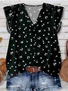 Boho Style Women's Shirt, V-Neck Loose-Fit Top, Boho Chic Floral Print Ruffled Sleeves, Summer Fashion Casual Blouse for Ladies