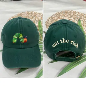 Eat The Rich Caterpillar Embroidered Hat, Funny Protest Cap, Humorous Activist Baseball Hat, Vintage Washed Dad Cap, Trendy Streetwear