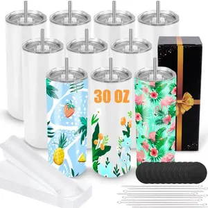 Sublimation Tumblers 30 oz Blank Tumblers for Sublimation Skinny Bulk Double Wall Insulated Cups with Individually Gift Boxed and Shrink Wrap Films for Heat Transfer 10 Pack