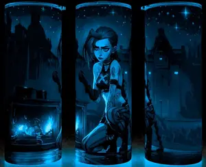 Glow in the Dark Jinx Arcane League of Legends Anime with Stars Cup Mug Tumbler with Lid & Straw, Stainless Steel, Lightweight Design for Hydration - Reusable, Stylish
