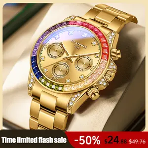 VEADONS Men's Business Fashion Rhinestone Decorated AnalogQuartz Watch Rainbow Crystal Chronograph Quartz Movement Luminous Date WaterResistant for Party Daily Wear Birthday Gift with Box