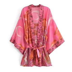 Women’s Vintage Boho V‑Neck Short Robe/Kimono with Batwing Sleeves, Floral Star & Moon Print, Happie