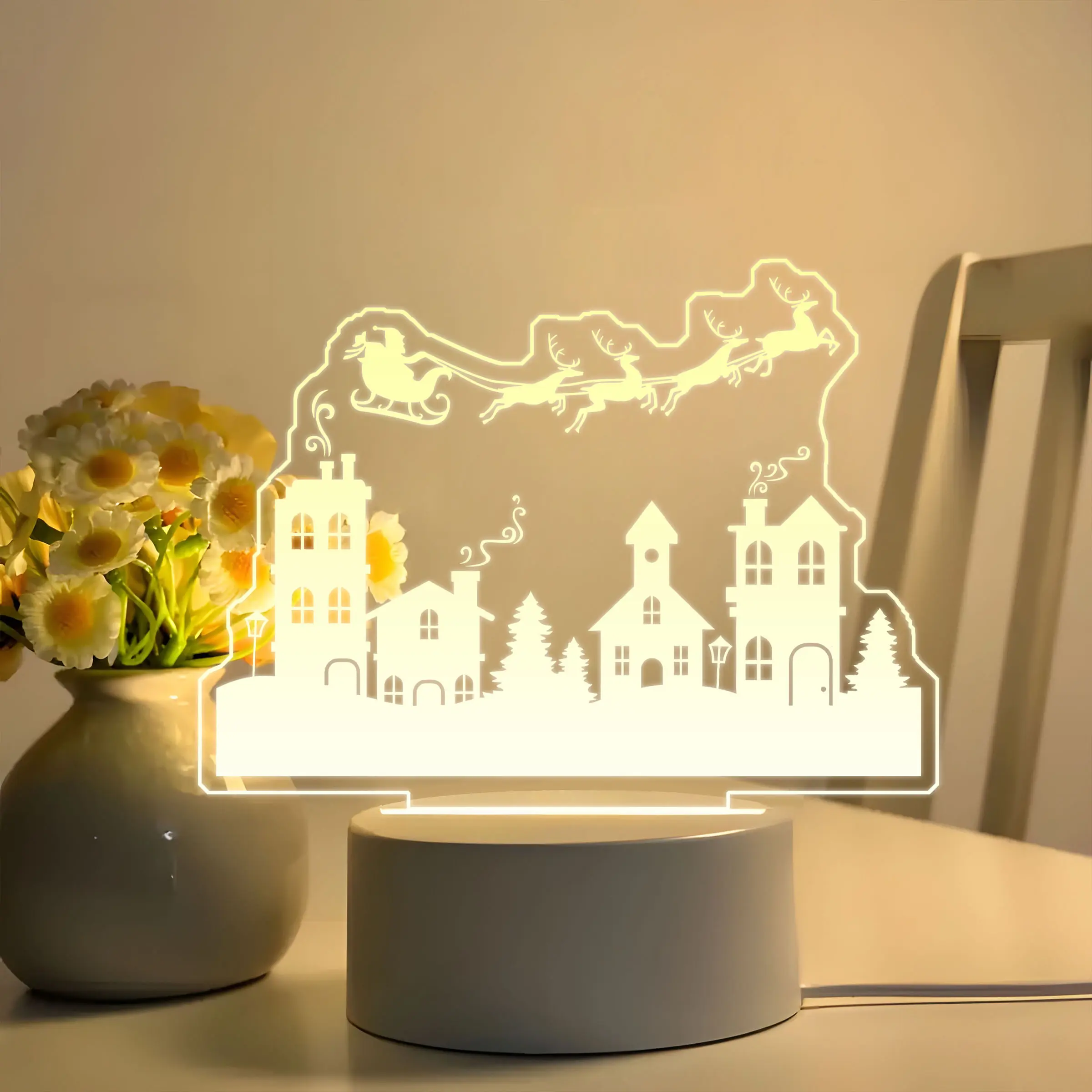 Acrylic LED Night Light with Santa and Deer Scene, Christmas Themed USB Powered Warm Light for Bedroom, Button Control for Holiday Decor