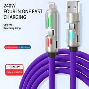 Four-In-One Charging Cable, Super Fast Charge Phone Charger, Total Power 240w Output, LED Light Effect, Ideal for Multiple Devices, 1 Meter Long, iOS/Type-C Interface