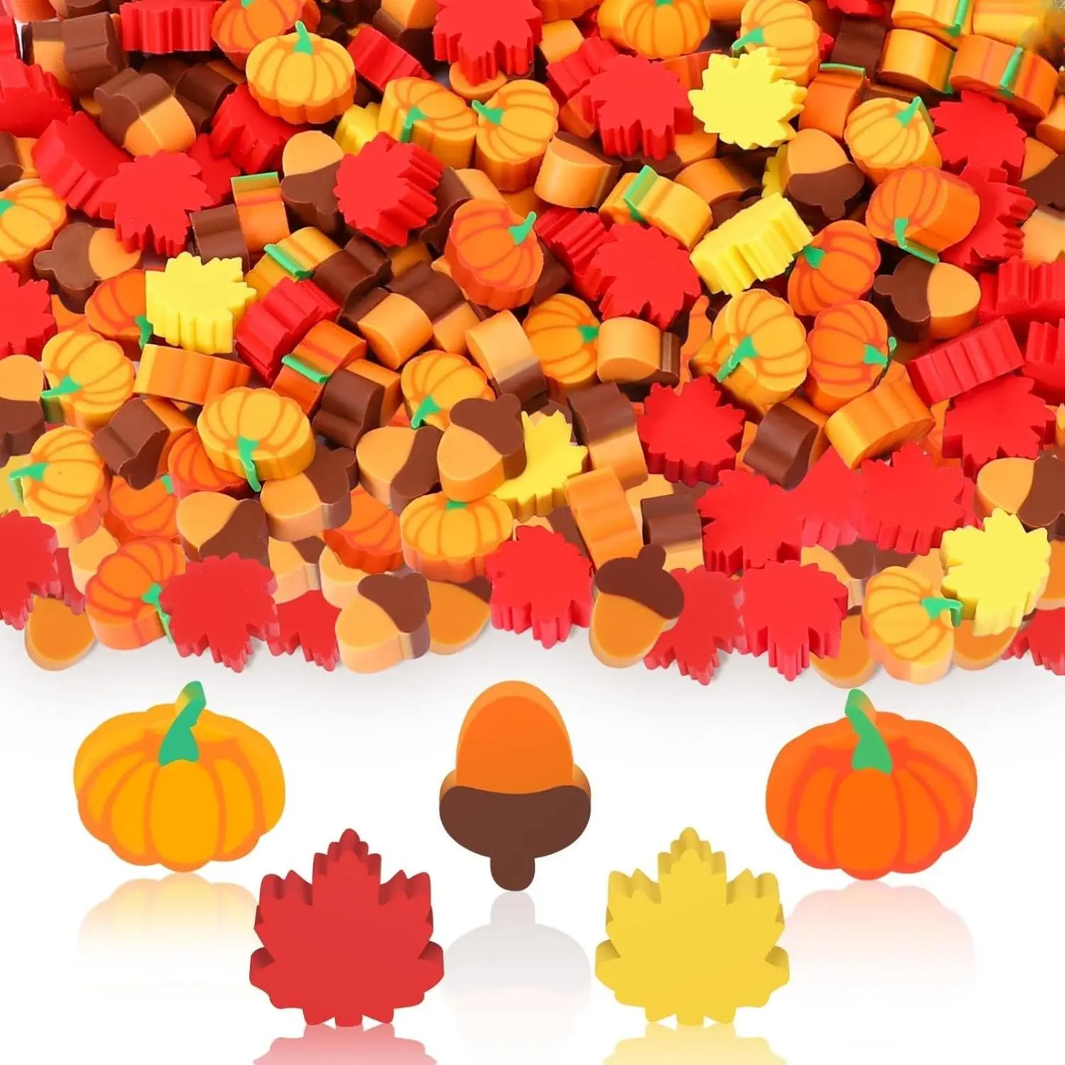 150-Pcs Bulk Pack Lightweight Colorful Fall Novelty Mini Elastic Rubber Erasers - 0.59in, 5 Designs (Maple Leaf, Pumpkin, Acorn), 3+ Years Kids' Office Stationery Correction Tool, Bedtime Stories Rewards
