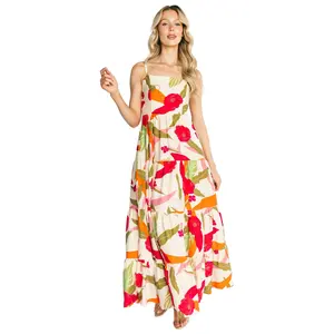 Silvia Tiered Maxi Dress | Natural + Pink Multi