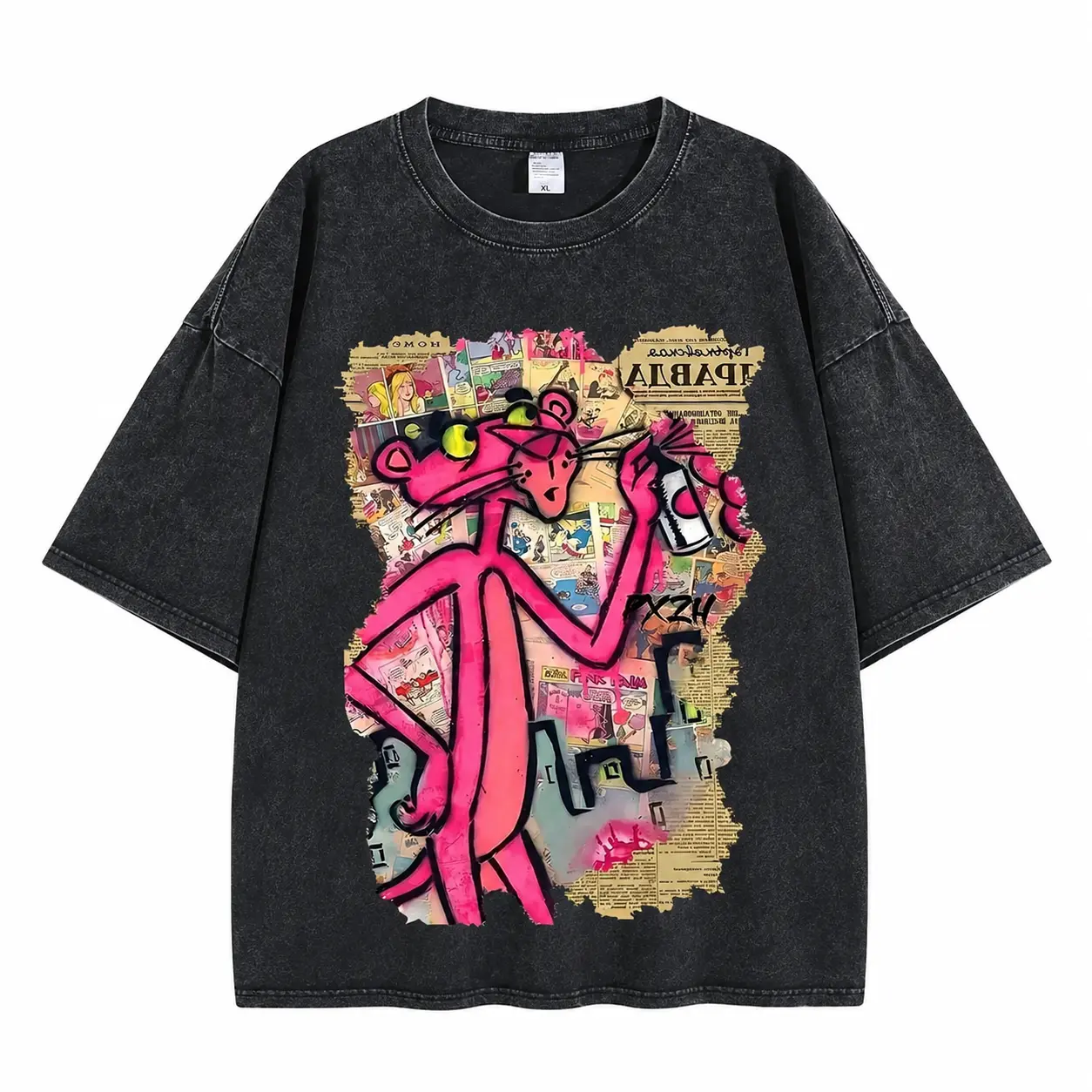 Men's 230G Washed High-Quality Cotton Short-Sleeve T-Shirt - Pink Panther Graffiti Print, Couple's Y2k Streetwear, Funny Casual Tops