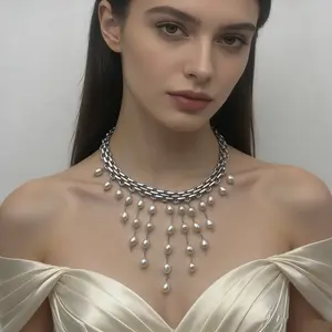 Bridal Pearl Necklace Handmade Freshwater Pearl 5-8mm  Copper Chain 18 Inches Vintage Glamour Statement Jewelry