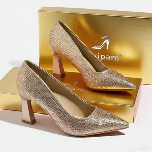 Women Elegant Fashion Sparkly Champagne Rhinestone Heel Pumps,Pointed Toe Block Heel Perfect For Party Wedding Evening Date Cocktail All Seasons