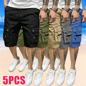 5-pack men’s casual versatile cargo shorts with elastic drawstring, flap pockets, 100% polyester, available in multiple colors; suitable for outdoor hiking and everyday wear—simple, comfortable, multifunctional shorts.