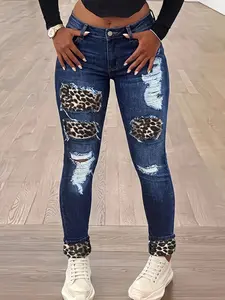 MHZ washed blue leopard print patchwork skinny jeans with multiple holes, buttons, built-in zipper closure, high waist, slim fit, casual and durable, street style, suitable for all seasons, women's plus size jeans Bottom Womenswear Streetwear