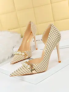 Luxurious Vintage Pearl Metal Chain Stiletto High Heels, Pointed Toe PU Leather, Spring & Fall Fashion Casual Shoes, Office Commute Party Wear, Classy Elegant, Stylish