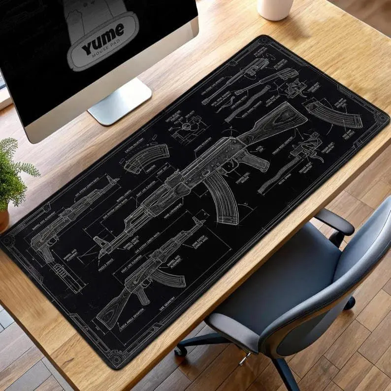 [New Gaming Gear - Sale Up To 35%] AK-47 Blueprint Desk Mat, Tactical Rifle Schematic Design, Military Weapon Mouse Pad, Gun Lover Gift