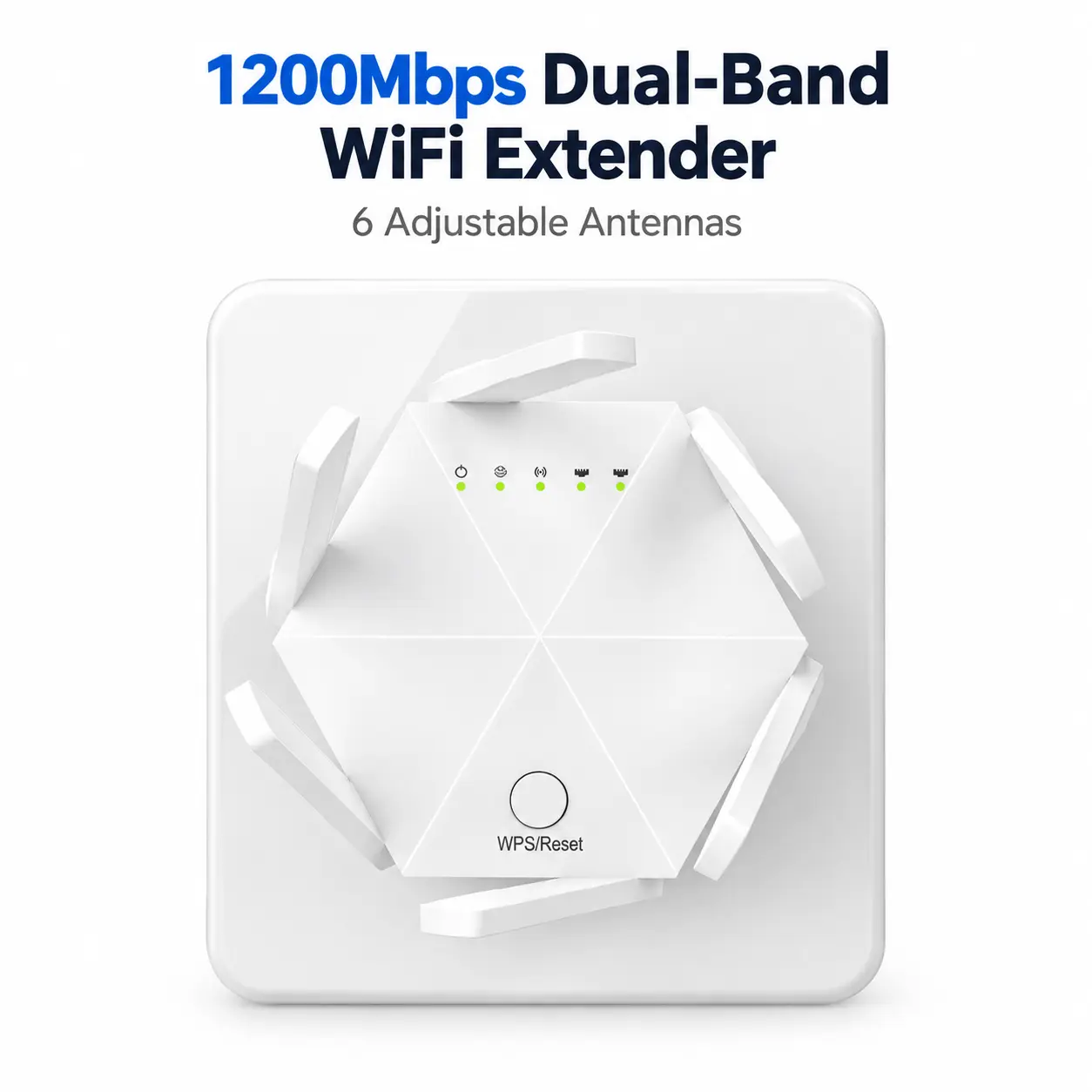 1200Mbps WiFi Extender, Dual Band WiFi Booster with 6 Adjustable Antennas, Wireless Internet Signal Repeater with 2 Ethernet Ports, Plug and Play, 2.4GHz & 5GHz, US Plug