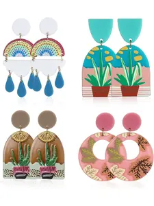 4 Pairs Acrylic Colorful Drop Dangle Earrings for Women Geometric Earrings Irregular Flora Animal Graffiti Cartoon Earrings Lightweight Jewelry