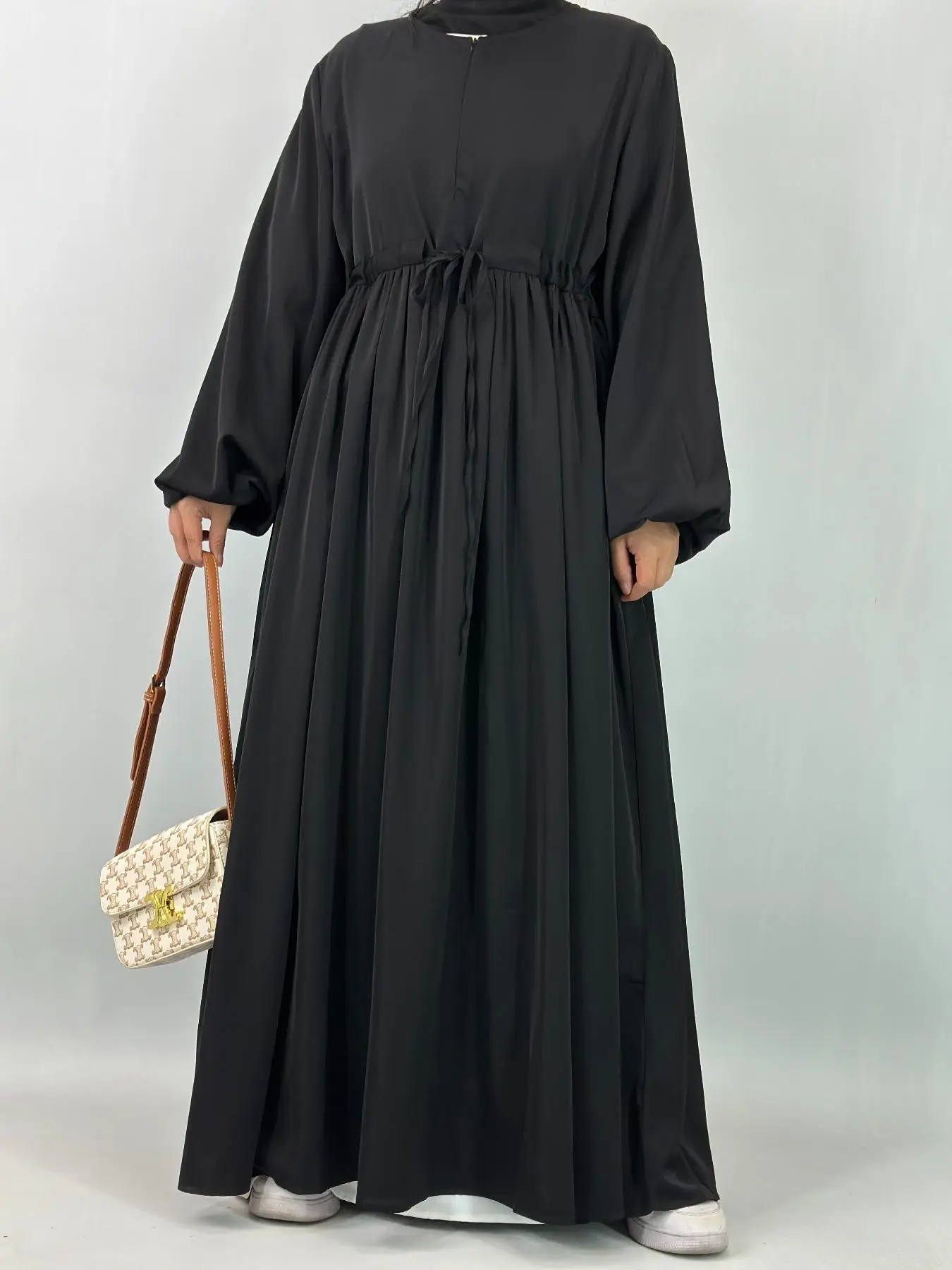 Women's Solid Color Belted Arabian Dress, Elegant Modest Long Sleeve Round Neck Dress for Daily Wear, Ladies Islamic Clothing for All Seasons, Dresses