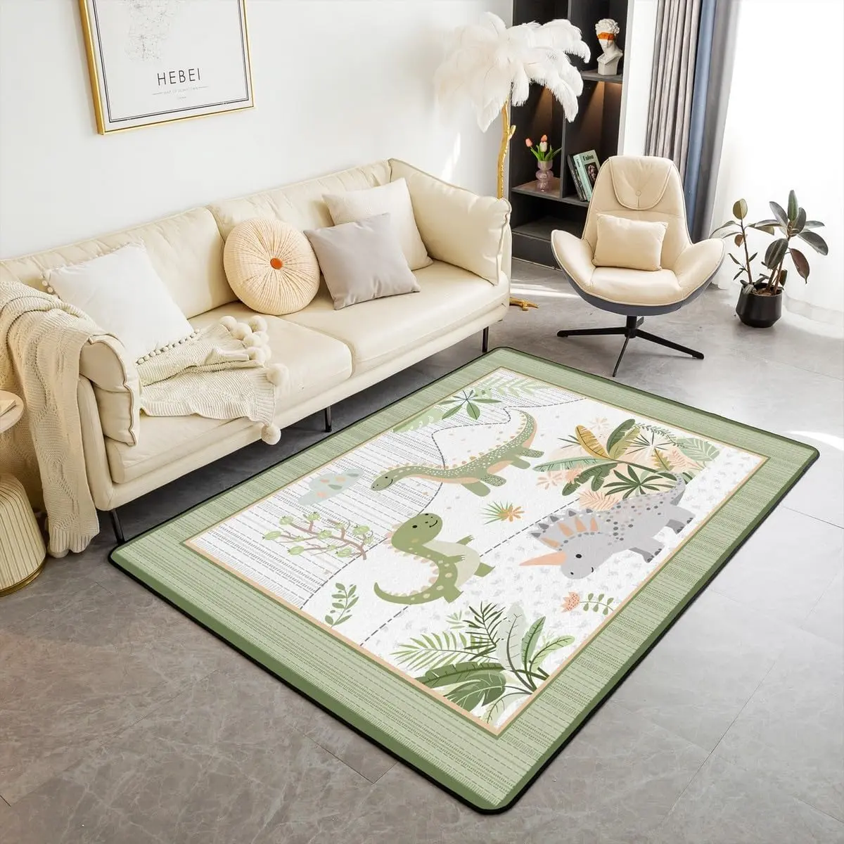 Kids Cute Dinosaur Rugs for Living Room Bedroom Area Rug 3x5 Cartoon Dinosaur Indoor Floor Mat Green Grey Accent Rug Coconut Plant Decorative Rug