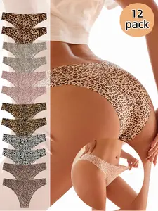 Fashion Leopard Print Women's Bikini Underwear, Lightweight Seamless Ice Silk Fabric, Comfortable Breathable Daily Wear, 12 Pcs Set, Bikini Sets