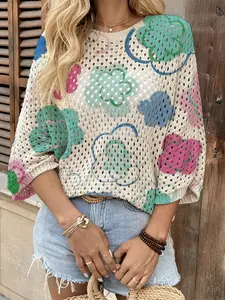 Summer Round Neck Batwing Sleeve Knit Top, Boho Style Floral Print, Casual Elegant Commuter, Bikini Cover-Up, Beachwear