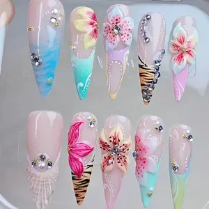 Press On False Nails, 3D Summer Flower Handmade Freestyle Stiletto Set for Nail Art Decoration & Personal Care