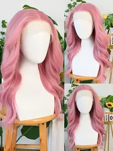 Pink Body Wave 13x4 Synthetic Lace Front Wig, 22 Inch Medium Length Synthetic Hair, Wavy Style, Clear Transparent, No Glue, Natural Look, Halloween Cosplay Party, Lace Frontal Wigs