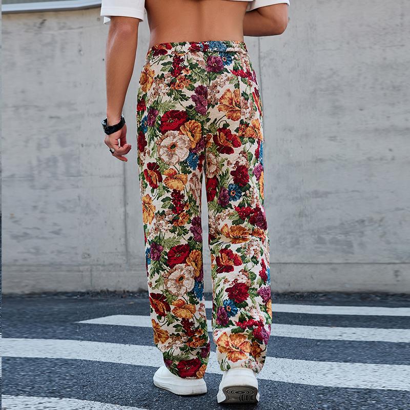 Men's straight-leg pants featuring a retro floral pattern, stylish aesthetic, elastic waistband with adjustable drawstring, loose straight-leg design for comfort and freedom of movement, suitable for everyday casual wear, comfortable active freedom