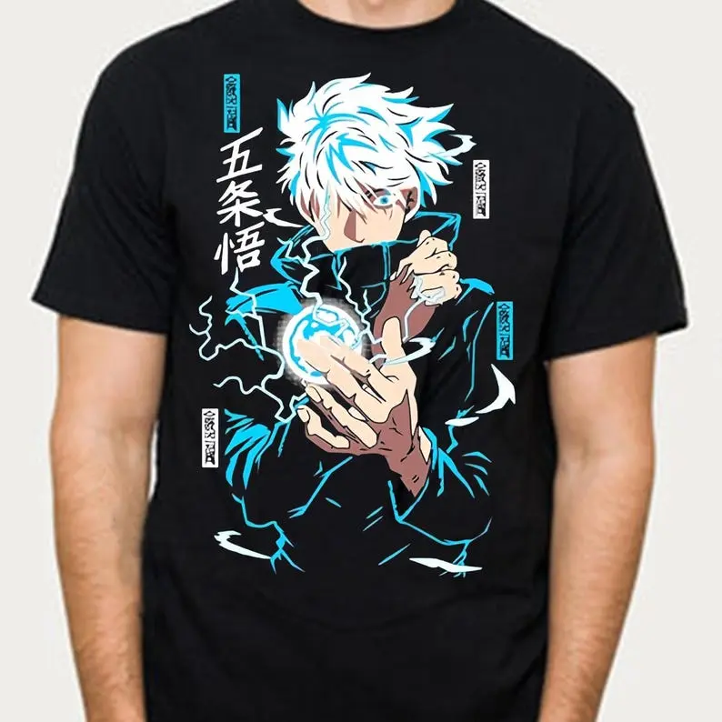 Men's Vintage Gojo Satoru Anime Cotton Fabric Short-Sleeve T-Shirt - Breathable Classic Casual Streetwear Top with Graphic Decal, No Excessive Bulk for Day Wear