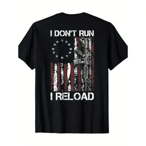 100% Cotton American Flag Patriots T-Shirt - 'I Don'T Run I Reload Gun' Design, Short Sleeve, Round Neck, Machine Washable, summer vibe, for Couples, work commute, skin-friendly softness, daily wear, modern graphic