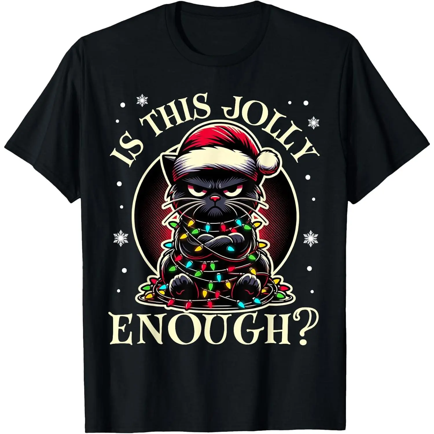 Men's Cotton Short-Sleeve Graphic T-Shirt, Funny Black Cat Christmas Tree Lights Top, Jolly Holiday Themed Casual Tee, Tshirt, Shortsleeve, Menswear, Fabric, Round Neck, Print. XX