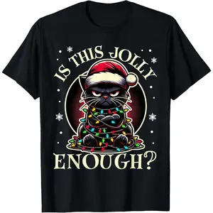 Is This Jolly Enough Funny Black Cat Christmas Tree Lights T-Shirt