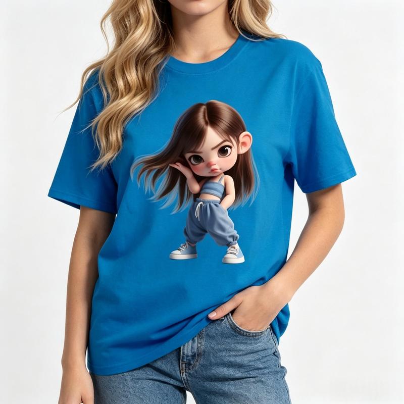 Women's Pure Cotton Graphic Tee - Crew Neck, Fitted Cut, Lightweight, Cute Dancing Girl Print, Short Sleeve, Casual Kawaii Streetwear Summer Top