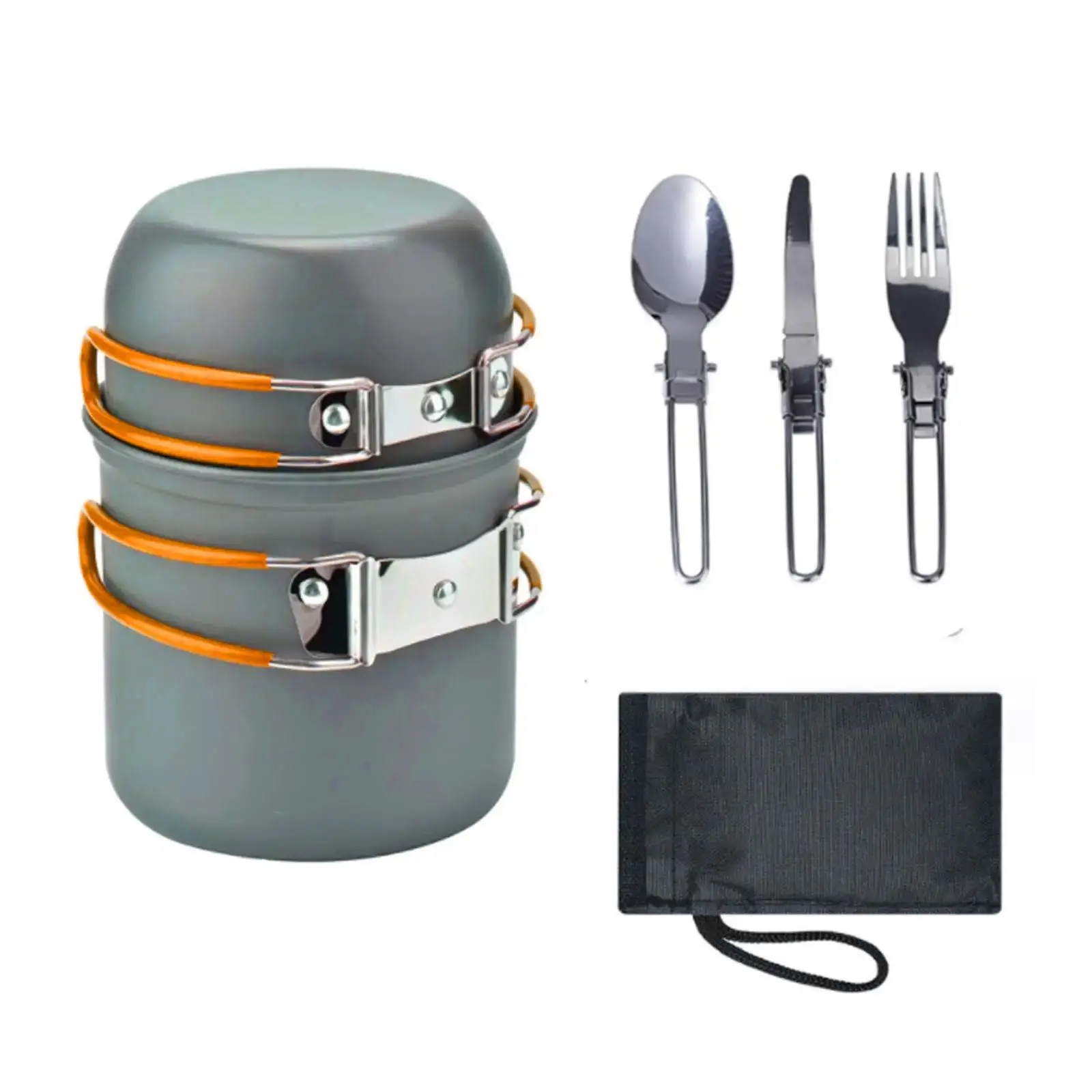 Outdoor Camping Pot Set, 1 Set Including 1 Folding Pan with Lid, 1 Fork, 1 Spoon, 1 Knife, 1 Storage Bag, Kitchen Accessories, Portable Cookware Kit f