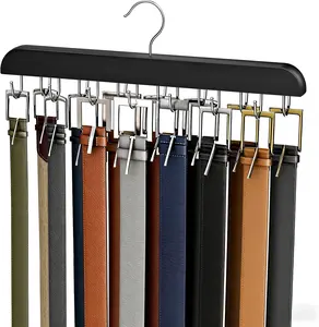 Belt Hanger for Closet Max 42 Belts, Sturdy Wood Belt Rack Closet Accessories with 14 Hooks Belt Organizer for Closet Organizers and Storage -Black 1 Pack