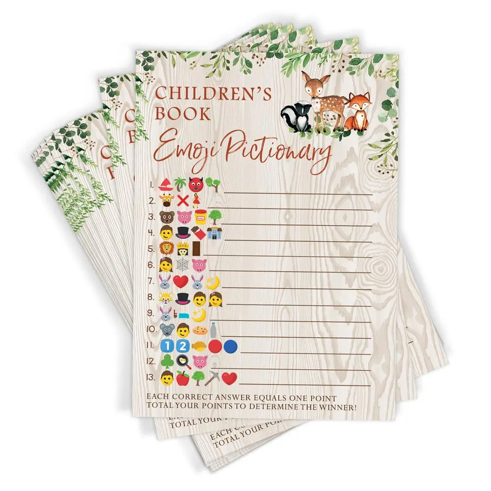 Children's Book Emoji Trivia – Woodland Baby Shower Game, Forest Animals (50 Cards)