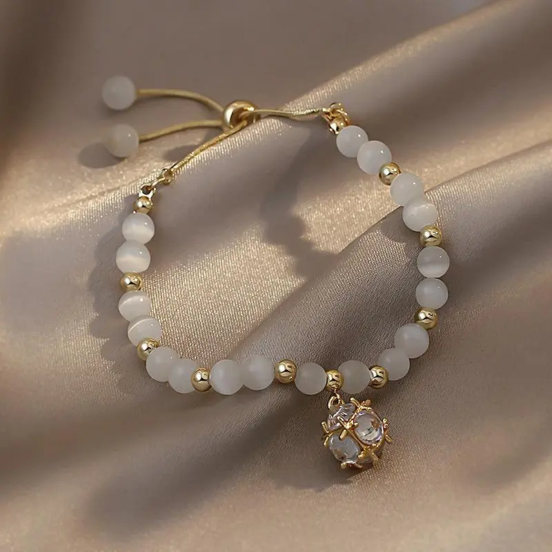 Cat Eye Stone Bead Bracelet Women Girls Rhinestone Crystal Pendant Bracelet Exquisite Adjustable Bracelet Wristband Jewelry A