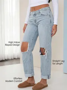 Women's High Waist Wide Leg Jeans, Casual Fitted Breathable Denim Jeans, Summer New Plus Size Ripped Straight Leg, Button Fly Closure Pants
