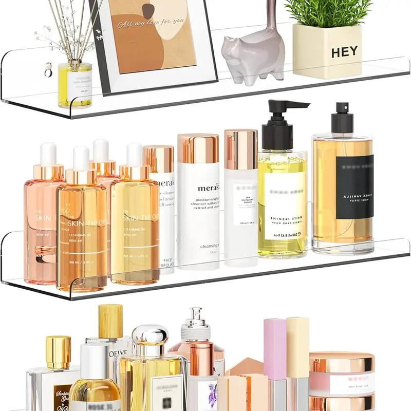 Floating Shelves for Wall Decor, 15" Extra Clear Wall Shelves for Bedroom, Living Room, Kitchen, Bathroom Decor, Nail Polish/Book/Decoration/Makeup/Perfume Organizer Floating Shelf-3Pack