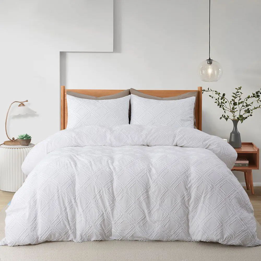 Peace Nest King Lightweight Clipped Duvet Cover Set, Geometric Solid White, with Corner Ties, Long Zip, Year Round Use, Machine Washable
